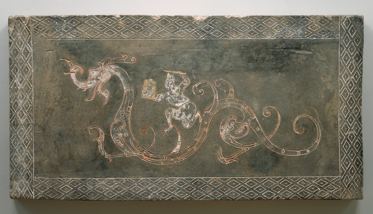 Tomb Brick, 206 BC-AD 09 (lertøj med rødt og hvidt pigment) af Chinese School Chinese School