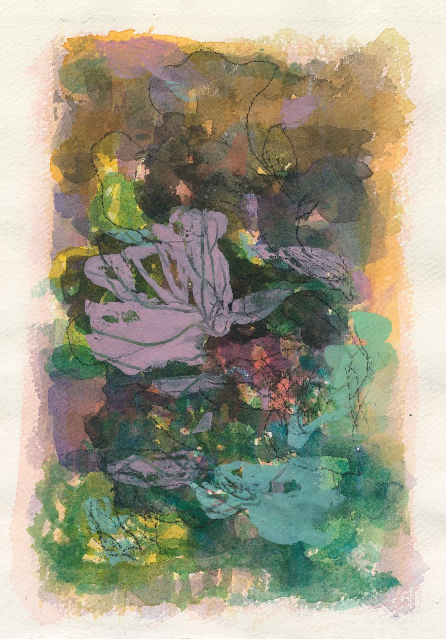 Abstrakt komposition, Organisk/planteserie, 2021 (akvarel, gouache  kul på akvarelpapir) af Ching Fun Tso