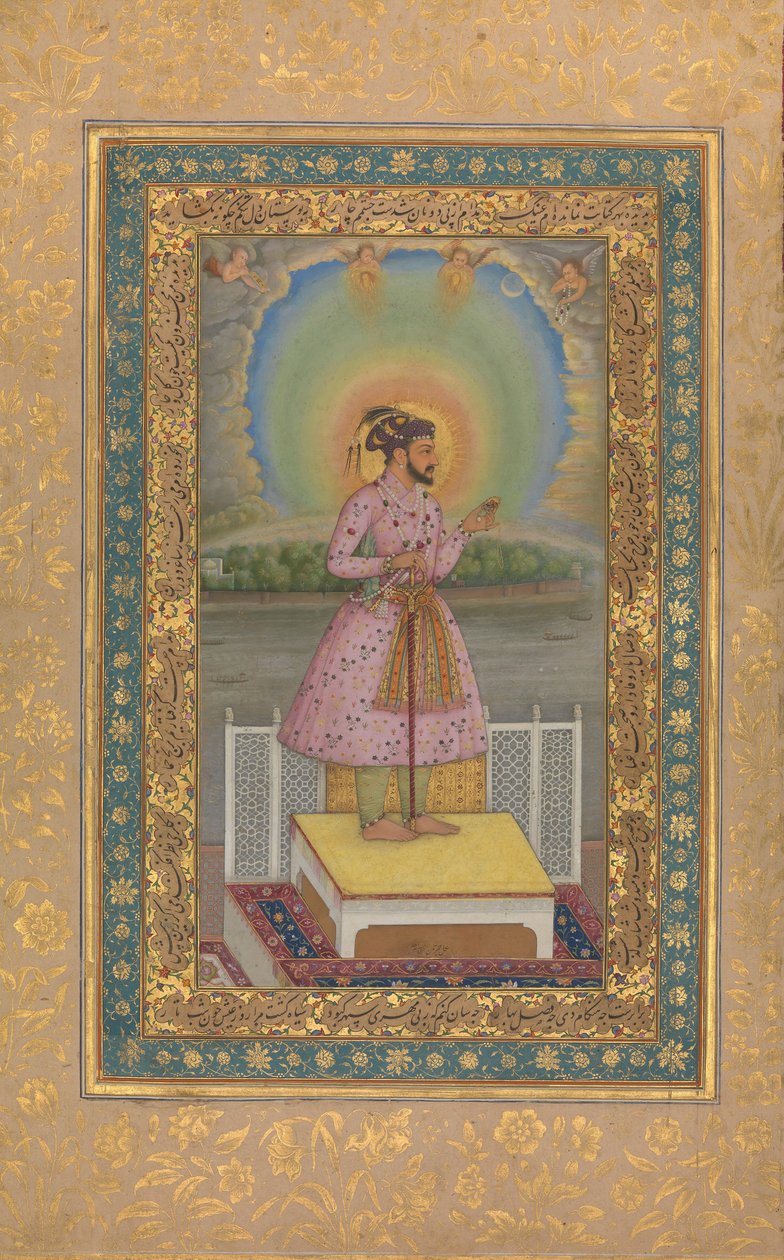 Shah Jahan på en terrasse, holder et vedhæng med sit portræt, folio..., 1627-28. af Chitarman