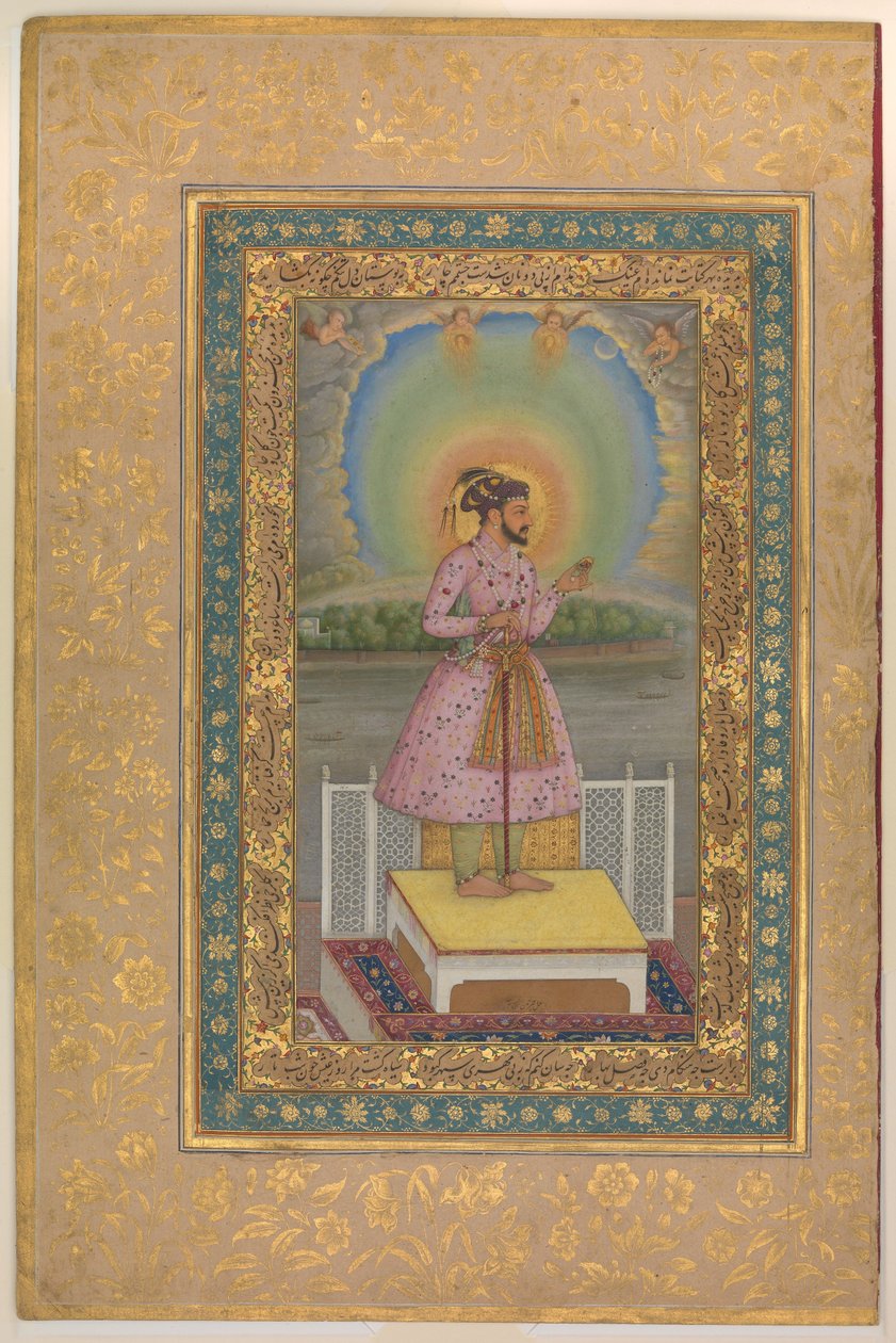 Shah Jahan på en terrasse, holder et vedhæng med sit portræt, folio fra Shah Jahan-albummet, recto: 1627-28 af Chitarman