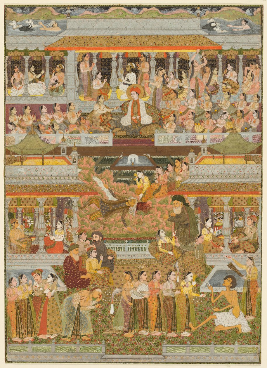 Elskere og elskede: En sammensætning af scener fra persisk, urdu- og sanskritlitteratur, ca. 1735. af Chitarman II
