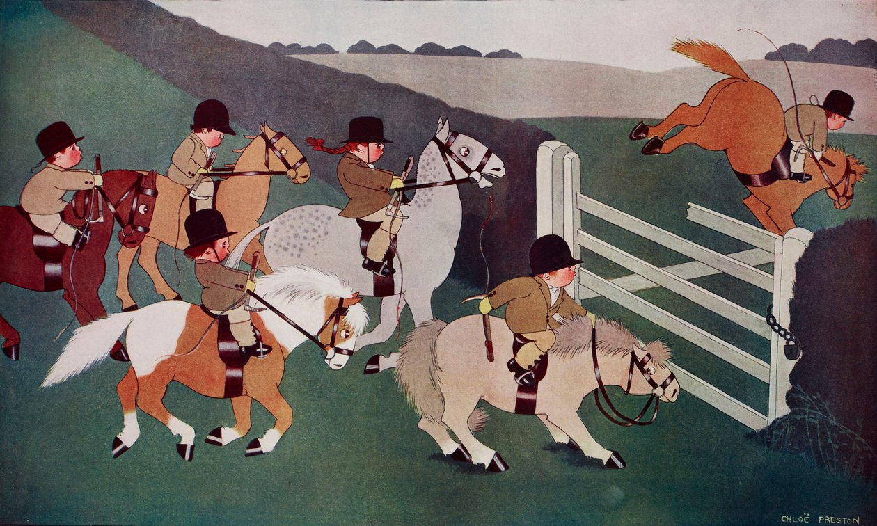 The gate crashers, jockeyer på hesteryg, tegneserie af Chloe Preston (1887-1969) fra The Tatler, nr. 1435, 26. december. af Chloe Preston