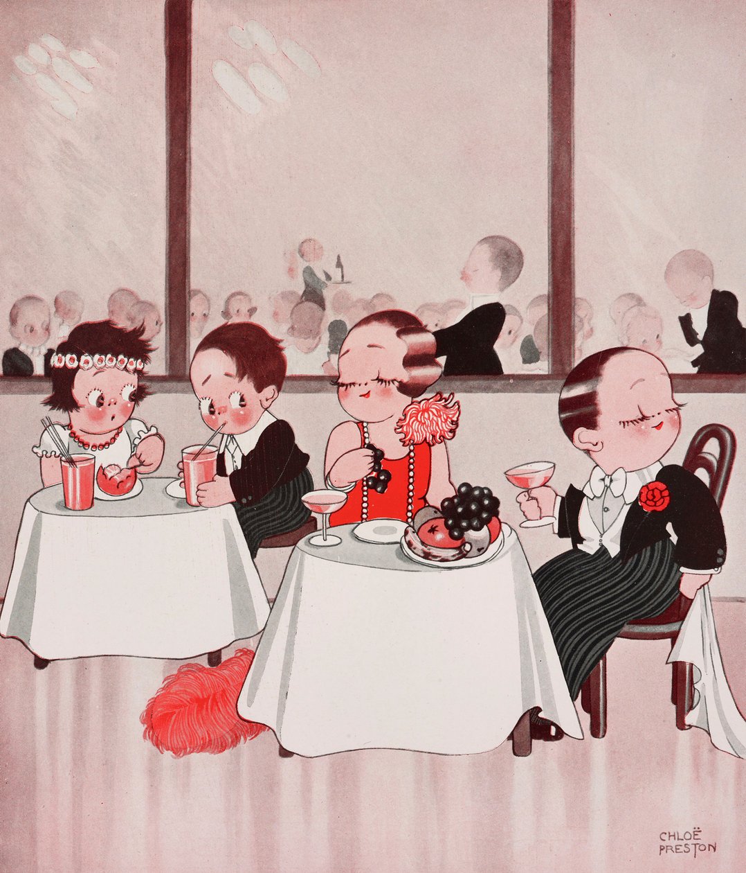 Town mice and country mice, Refined citizens vs unrefined countrymen, restaurant scene, tegning af Chloe Preston (1887-1969) fra The Tatler, nr. 1384, 4. januar. af Chloe Preston