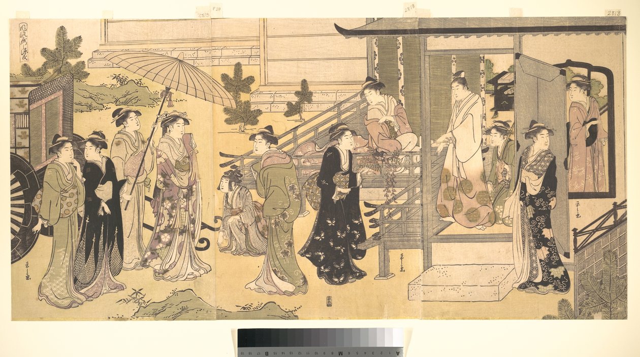 En forklædt scene fra Fortællingen om Genji (Fūryū Yatsushi Genji), kapitel 33, «Blåregnens blade (Fuji no uraba)» af Chobunsai Eishi