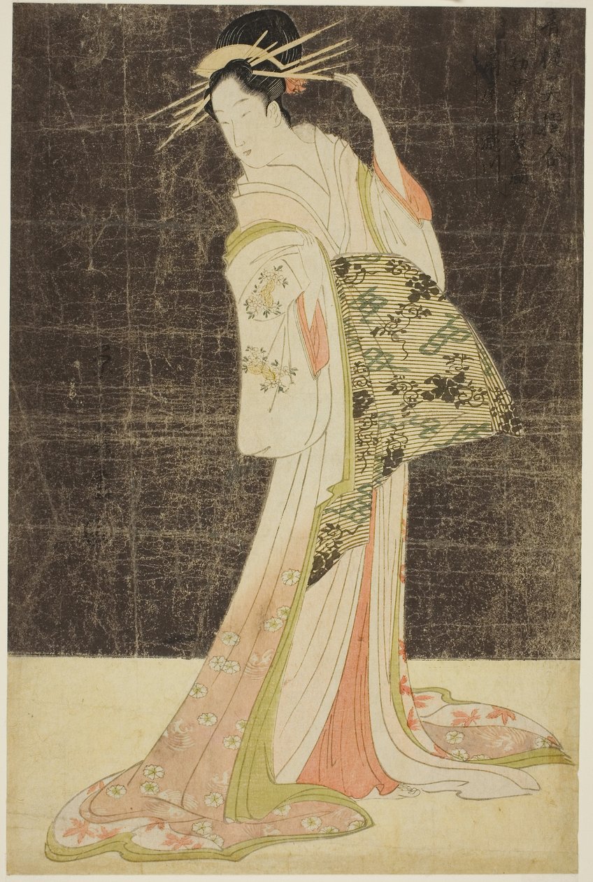 Et udvalg af skønhed fra Pleasure Quarters (Seiro bijin awase): Courtesaner hyret til nytårsferien - Takigawa of the Ogiya, ca. 1794 (farvet træbloktryk; oban) af Chobunsai Eishi