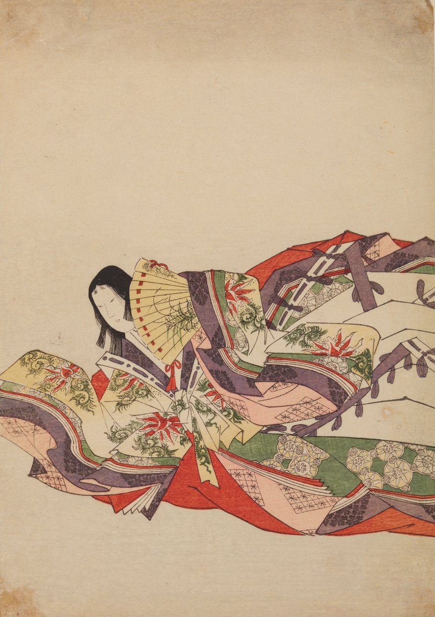 Siddende hofdame, lænet frem med en vifte, plansche fra albummet: Nishiki-zuri onna sanju rokkasen e-zukushi af Chobunsai Eishi