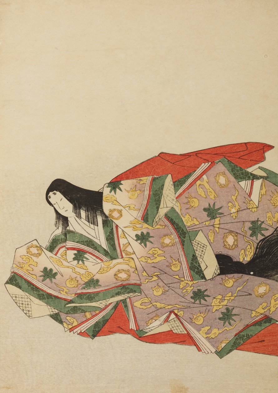 Hofdame siddende i en lysviolet dragt med grønt og gult mønster, plansche fra albummet: Nishiki-zuri onna sanju rokkasen e-zukushi af Chobunsai Eishi