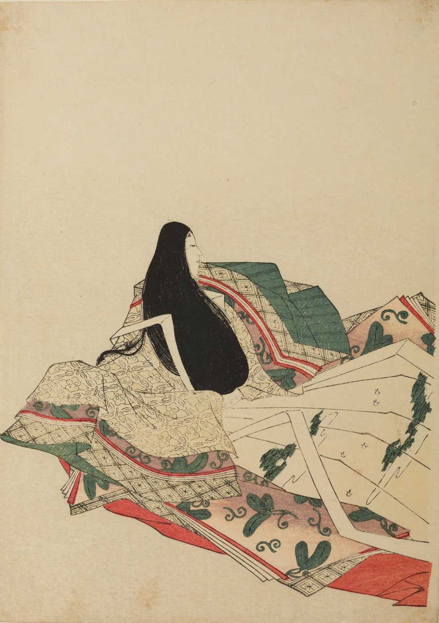Siddende hofdame, set trekvart bagfra, plansche fra albummet: Nishiki-zuri onna sanju rokkasen e-zukushi af Chobunsai Eishi