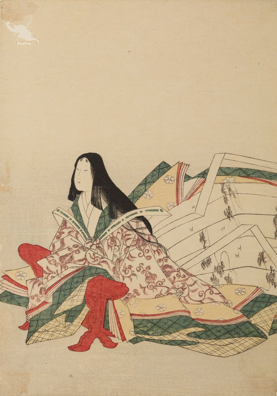 En siddende hofdame, der støtter sig til en kyosoku; illustration fra albummet: »Trentyseks kvindelige digtere« / Nishiki-zuri onna rokkasen e-zukushi af Chobunsai Eishi
