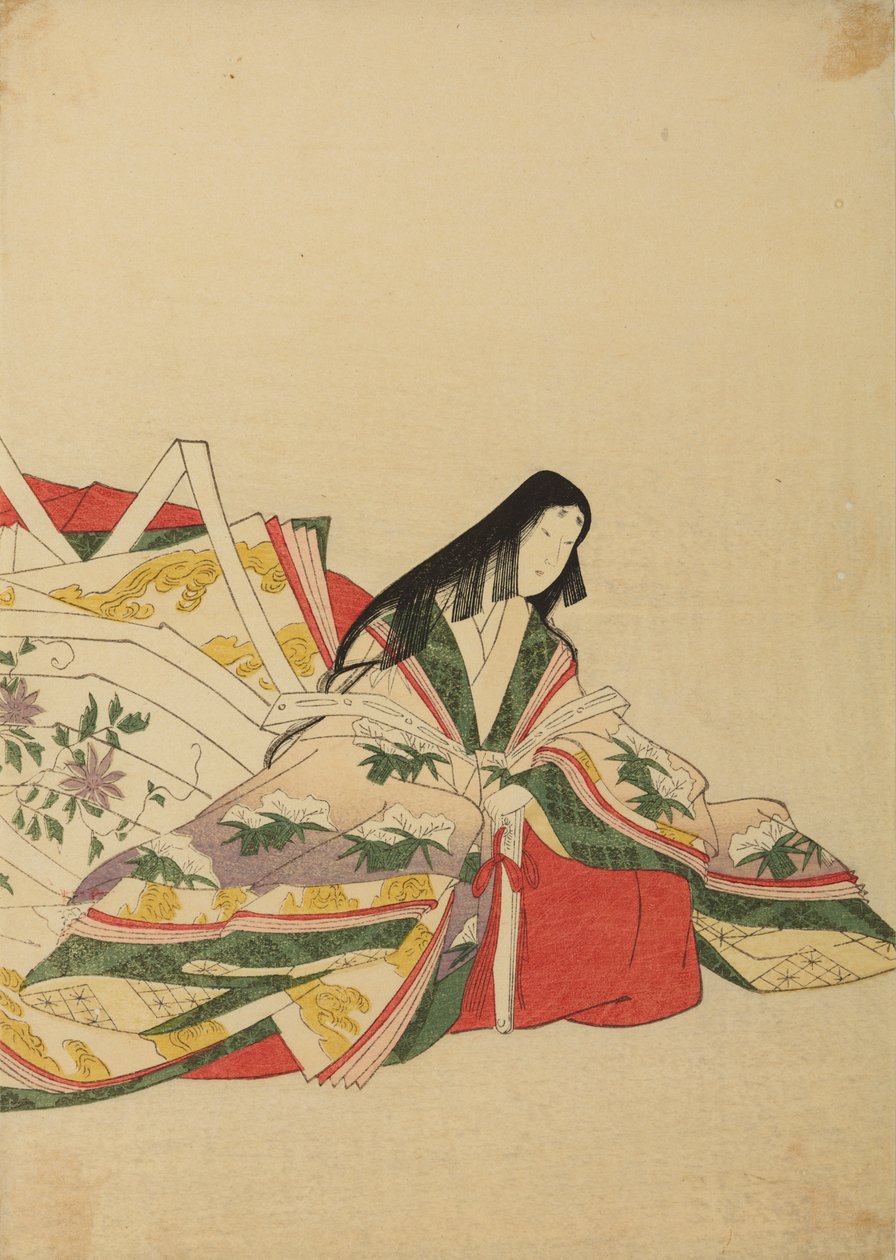 En siddende hofdame, der støtter sig til en vifte, illustration fra albummet: Nishiki-zuri onna sanju rokkasen e-zukushi af Chobunsai Eishi