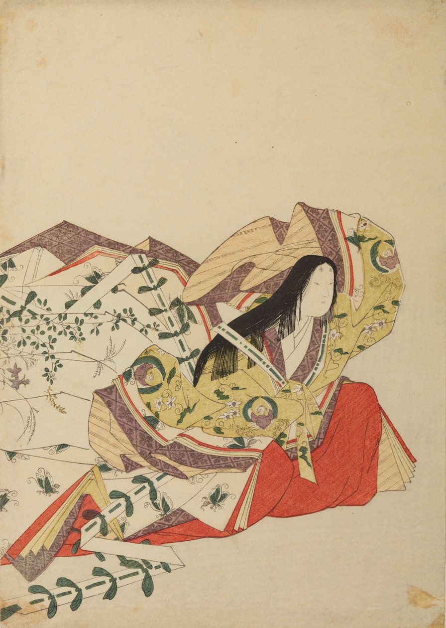 Siddende hofdame med hånden løftet over hovedet, plansche fra albummet: Seksogtredive digterinder / Nishiki-zuri onna rokkasen e-zukushi af Chobunsai Eishi