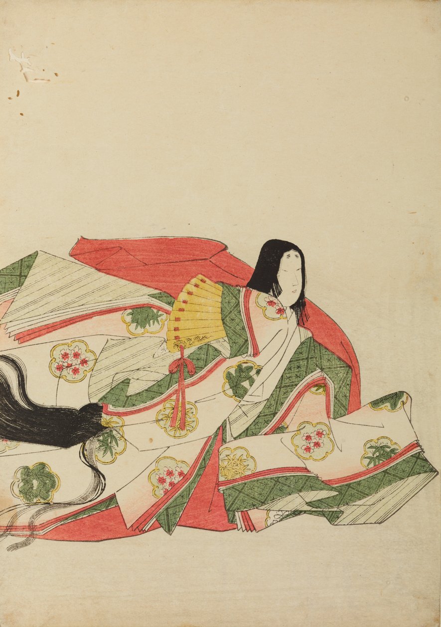 Siddende hofdame med en gul vifte, plansche fra albummet: Nishiki-zuri onna sanju rokkasen e-zukushi af Chobunsai Eishi
