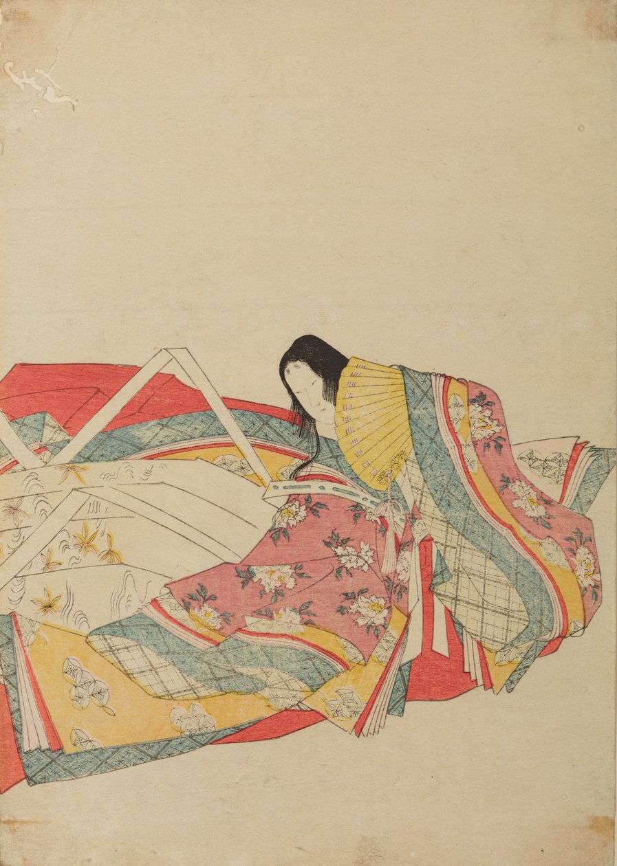 Siddende hofdame med gul vifte, planche fra albummet: Seksogtredive digterinder / Nishiki-zuri onna sanju rokkasen e-zukushi af Chobunsai Eishi