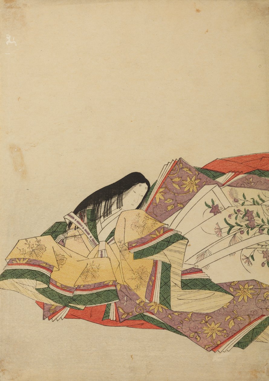 En siddende hofdame, vendt mod venstre, illustration fra albummet: Nishiki-zuri onna sanju rokkasen e-zukushi af Chobunsai Eishi