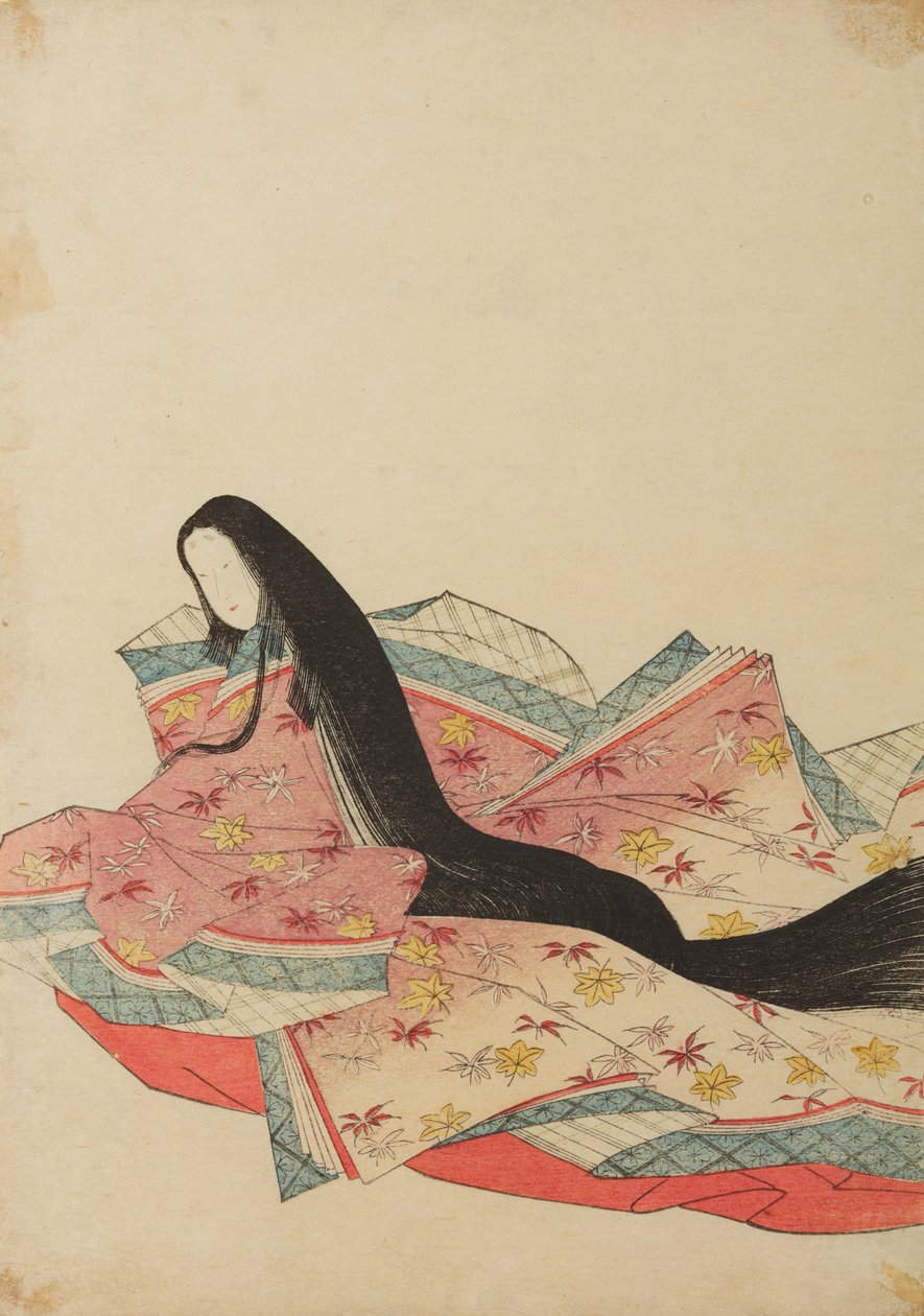 En siddende hofdame, vendt mod venstre, i en lilla-rosa kappe, illustration fra albummet: Nishiki-zuri onna sanju rokkasen e-zukushi af Chobunsai Eishi