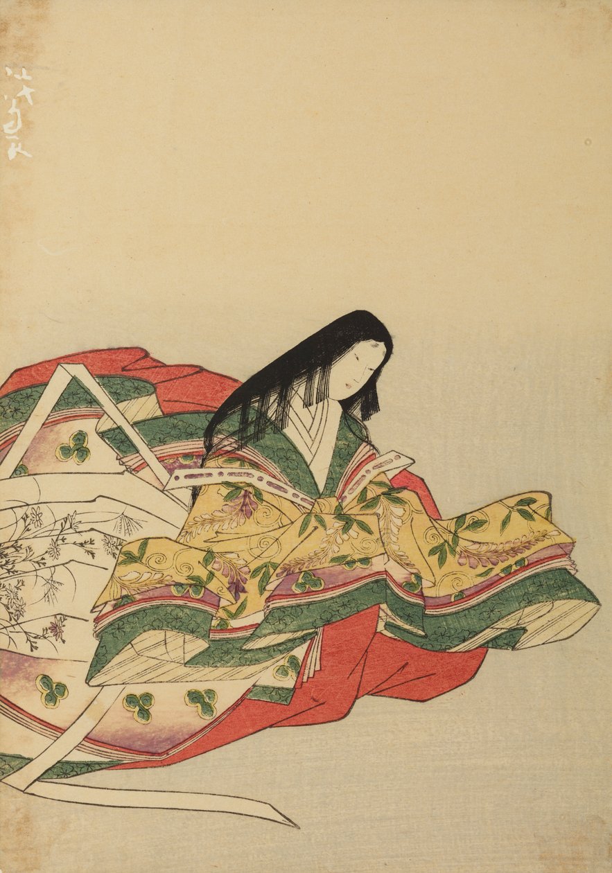 En siddende hofdame, vendt mod højre, illustration fra albummet: Nishiki-zuri onna sanju rokkasen e-zukushi af Chobunsai Eishi