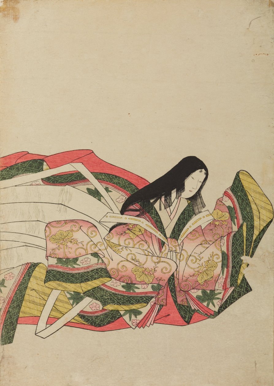 En siddende hofdame, vendt mod højre, illustration fra albummet: Trentyseks kvindelige digtere / Nishiki-zuri onna sanju e-zukushi af Chobunsai Eishi