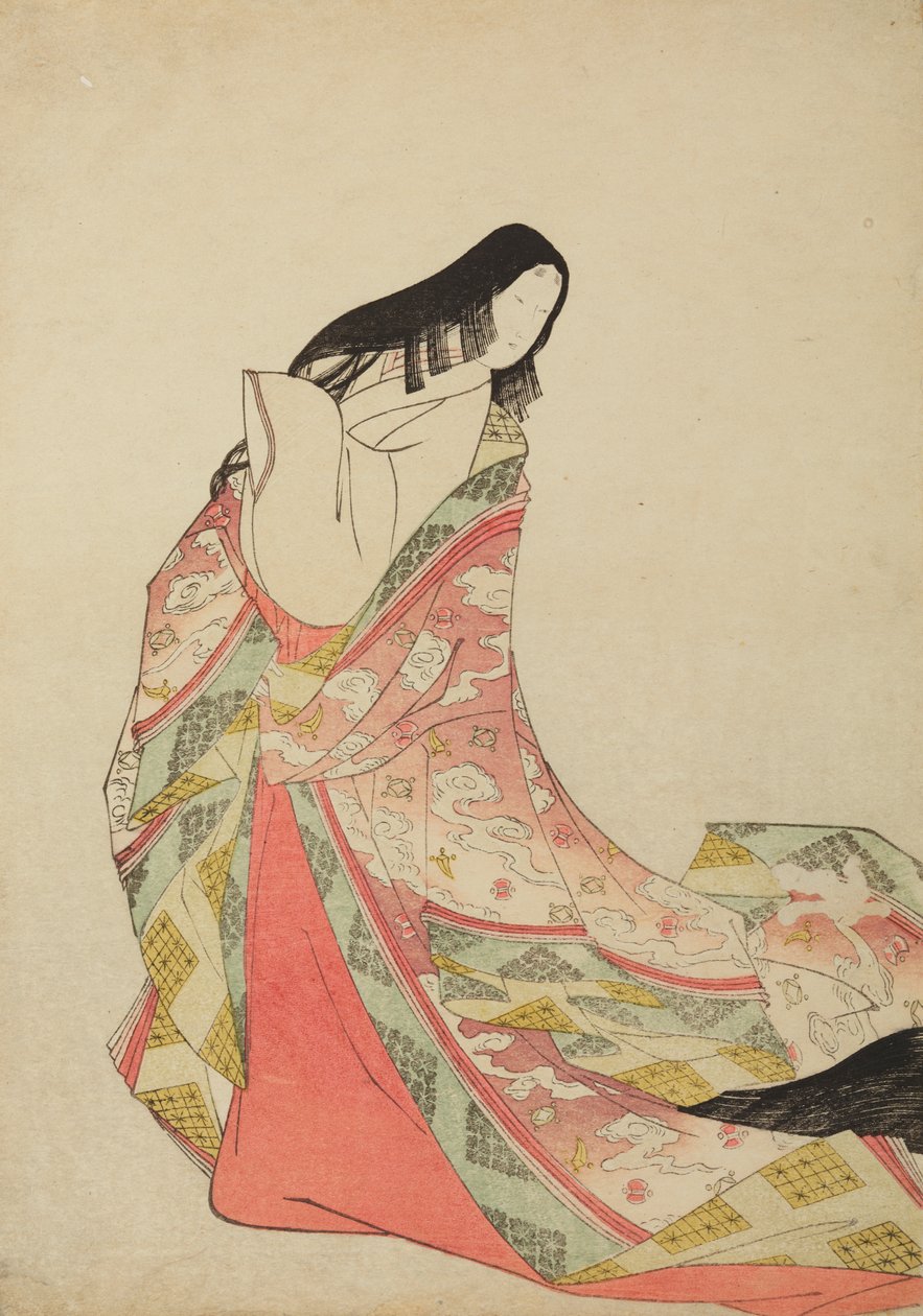 Stående hofdame i en lillarosa dragt, der er gledet ned fra skuldrene, plansche fra albummet: Nishiki-zuri onna sanju rokkasen e-zukushi af Chobunsai Eishi