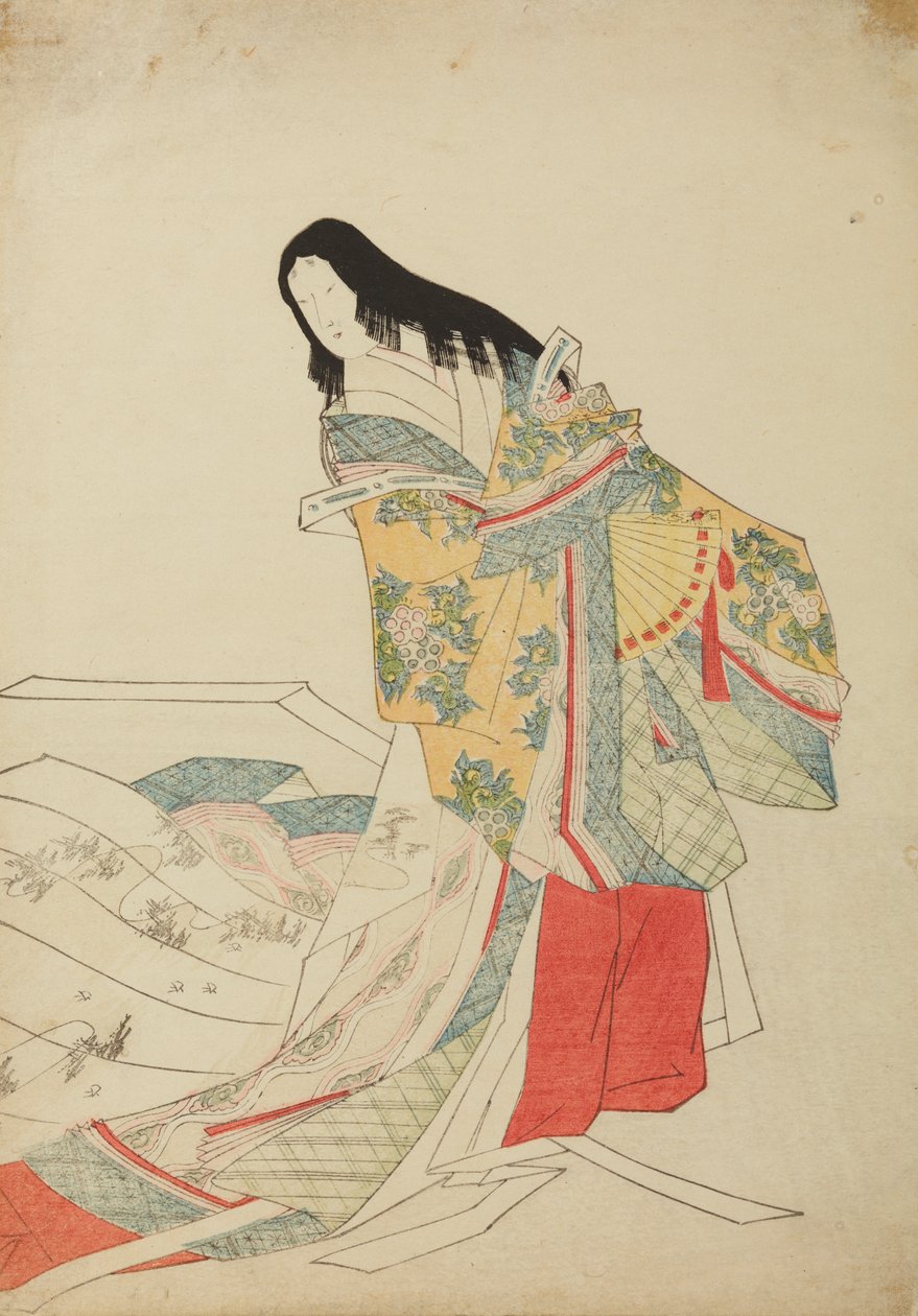 Stående hofdame med vifte, tavle fra albummet: Nishiki-zuri onna sanju e-zukushi af Chobunsai Eishi