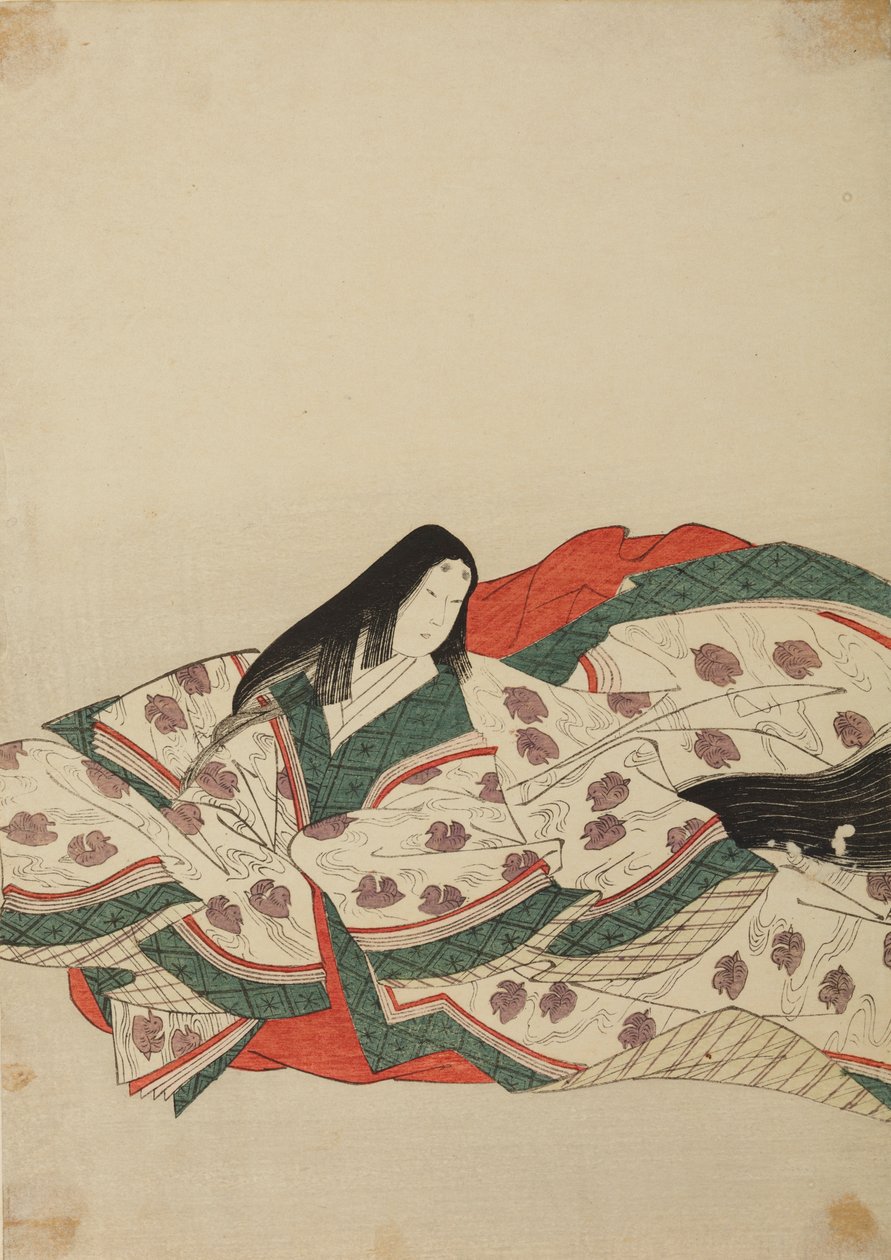 Hoffrue i hvid kimono med et mønster af ællinger på vandet, tavle fra albummet: Nishiki-zuri onna sanju rokkasen e-zukushi af Chobunsai Eishi