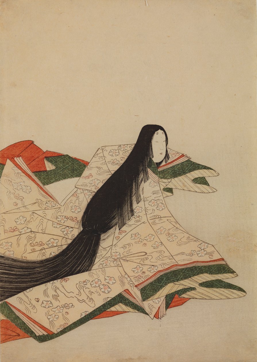 En hofdame i en lyserød kimono med et mønster af kirsebærblomster på bølger, illustration fra albummet: »Trentyseks kvindelige digtere« / Nishiki-zuri onna sanju rokkasen e-zukushi af Chobunsai Eishi