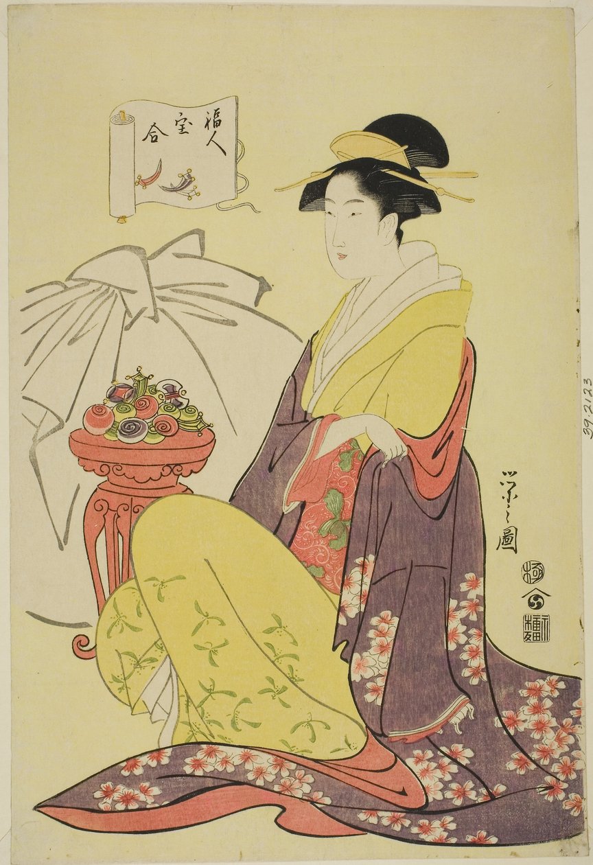 Hotei, fra serien "Sammenligning af lykkegudernes skatte (Fukujin takara awase)", ca. 1795 (farvetræsnit; oban) af Chobunsai Eishi