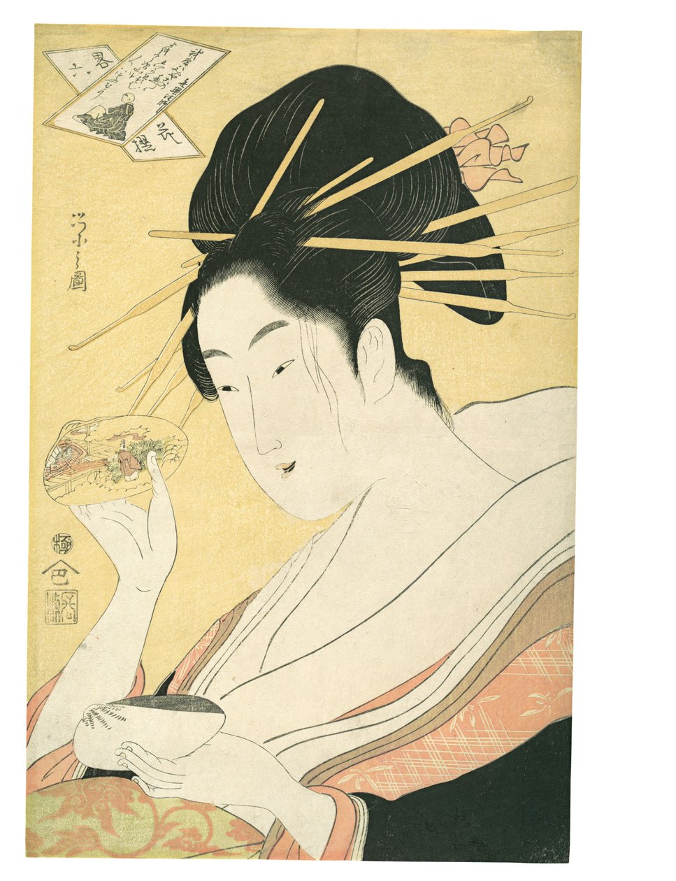 Sammenparring af muslingeskaller (Kai-awase), »Kisen Hōshi«, fra serien Moderne parodier på de seks udødelige digtere (Yatsushi rokkasen: Kisen Hōshi) af Chobunsai Eishi