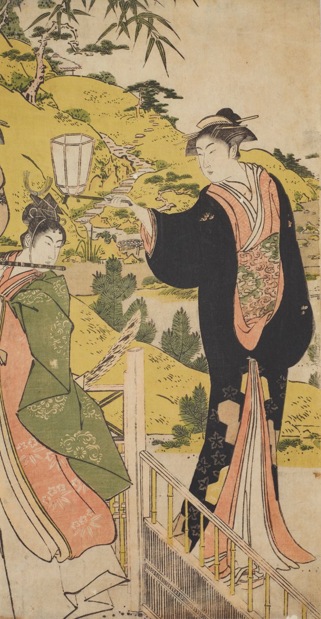 Junger Mann, der Flöte spielt, und Frau mit Laterne af Chobunsai Eishi