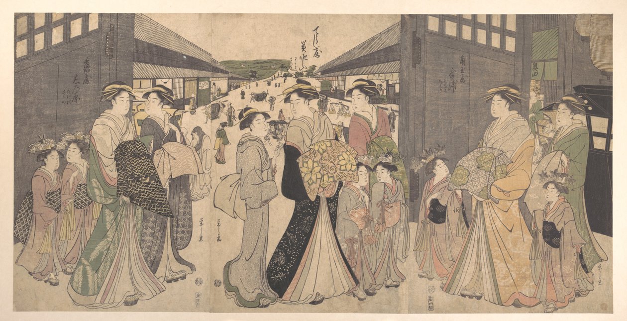 Oiran og hendes ledsagere ved Ō Mon, den store port til Yoshiwara af Chobunsai Eishi