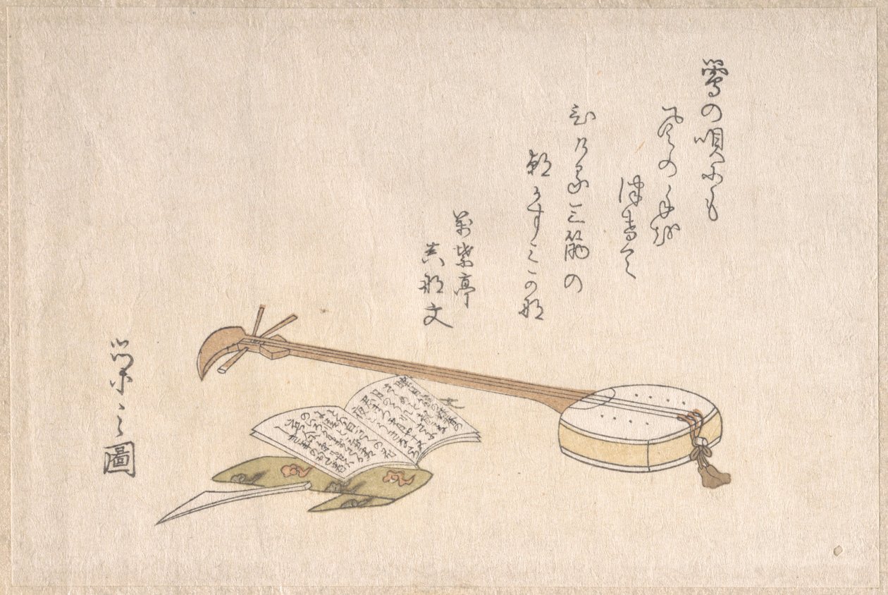 Shamisen, plektrum og en bog af Chobunsai Eishi