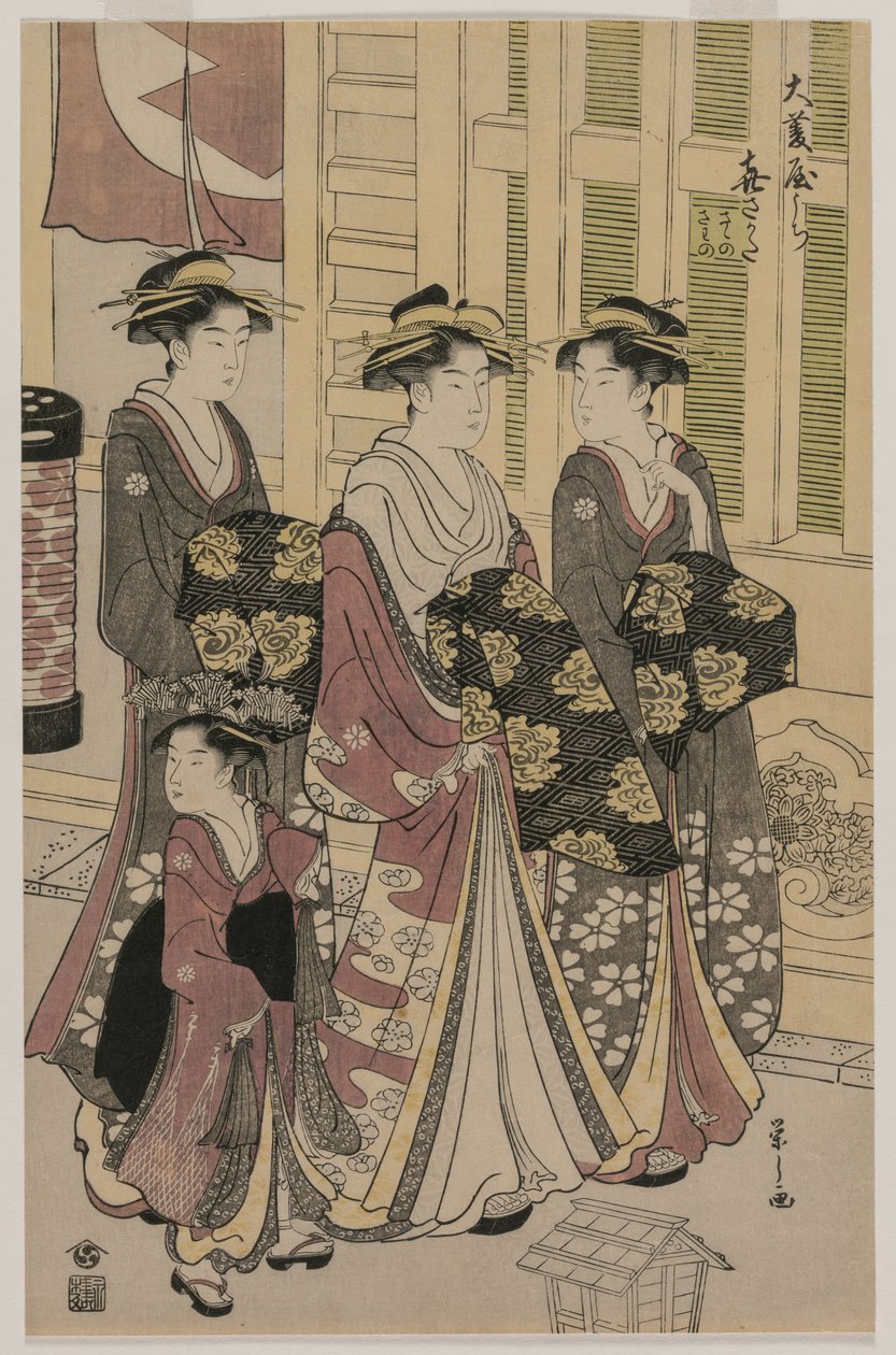 Courtesane Kisagata fra Ohishiya slentrer om natten med to Shinzo og en Kamuro, ca. 1790. af Chobunsai Eishi