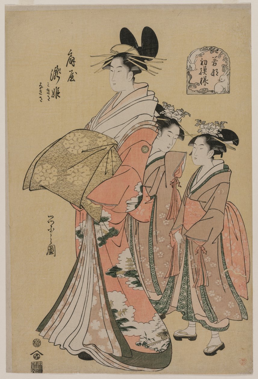 Kurtisanen Takihime and Attendants (fra serien New Patterns of Young Greens) af Chobunsai Eishi
