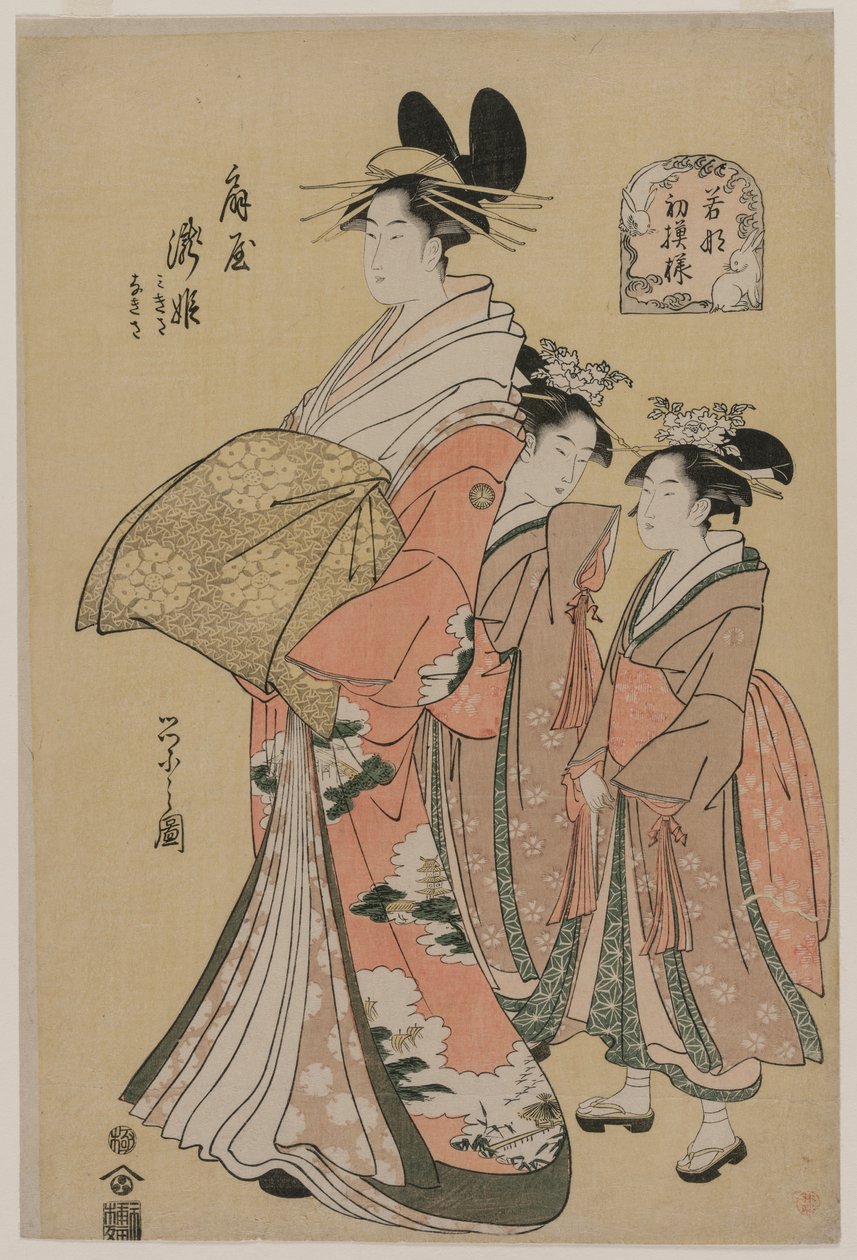 Kurtisanen Takihime og Attendants fra serien New Patterns of Young Greens, 1795. af Chobunsai Eishi
