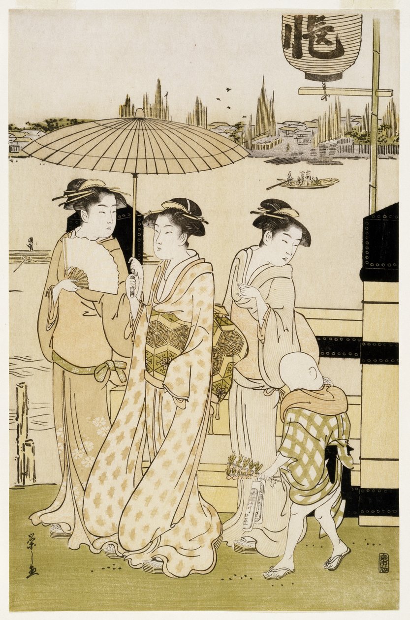 Tre kvinder og en dreng langs Sumida-floden, 1788-89 (træbloktryk) af Chobunsai Eishi
