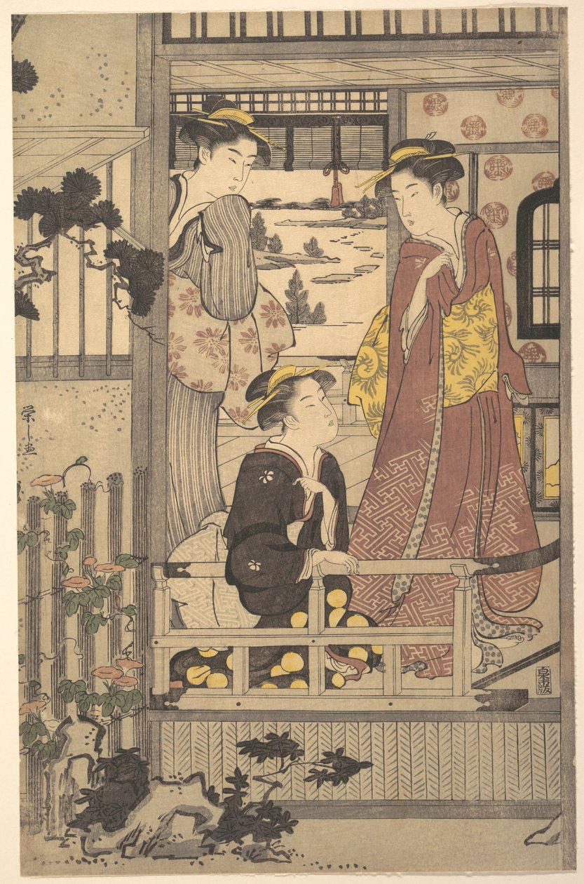 Tre kvinder på en veranda af Chobunsai Eishi