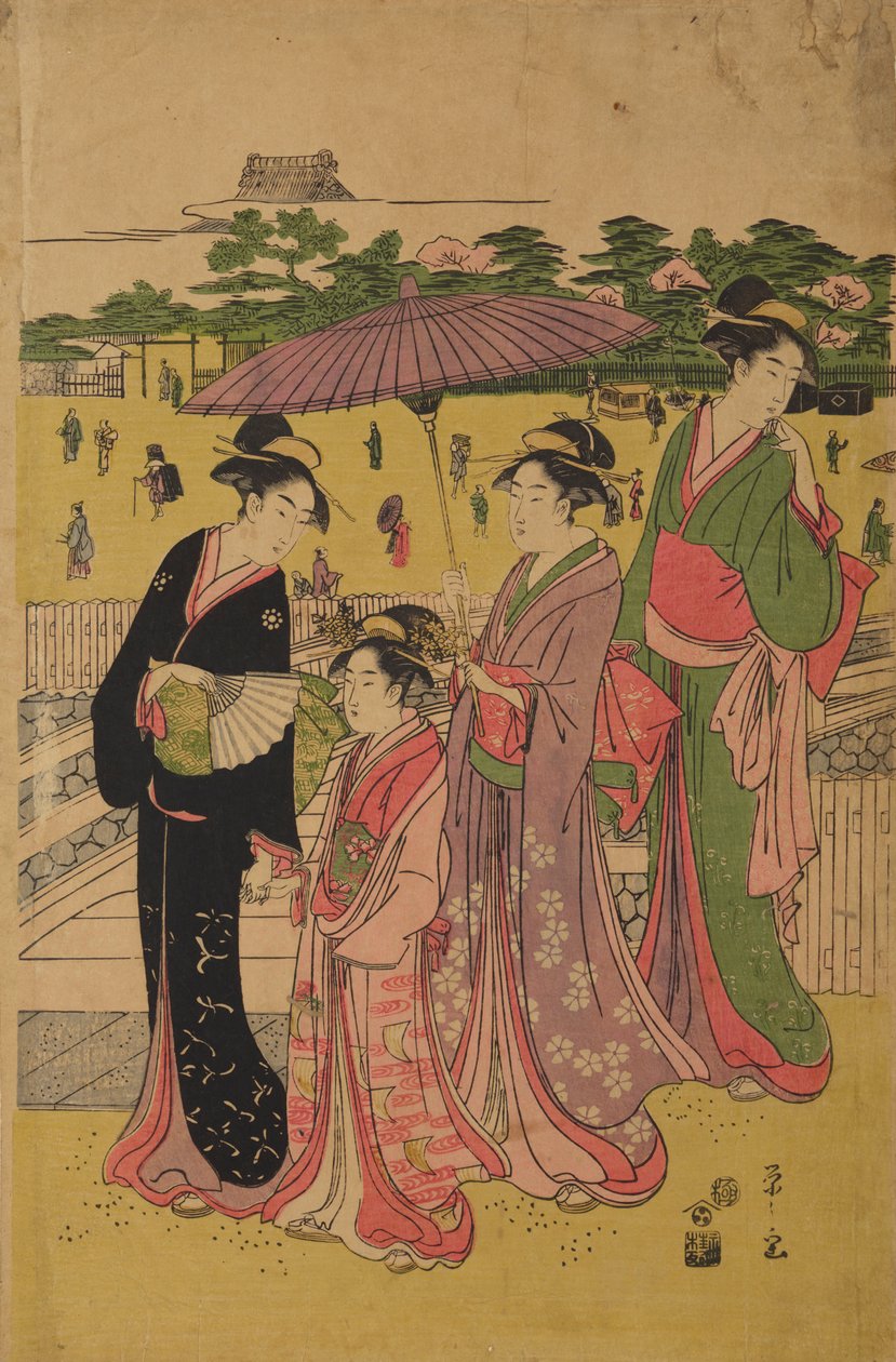Tre kvinder og en pige på spadseretur under en parasol af Chobunsai Eishi