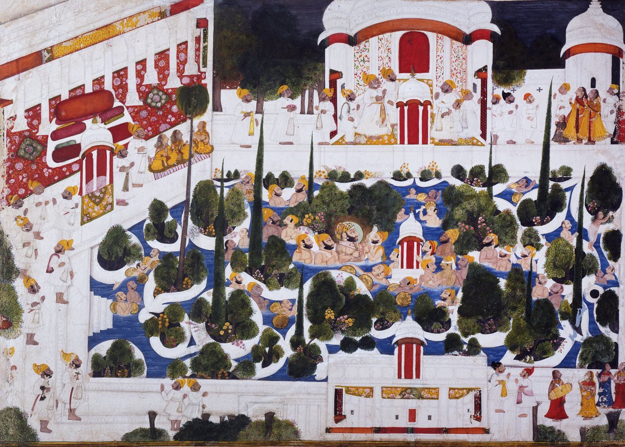 Maharana Bhim Singh boltrer sig med adelsmænd i paladsbassinet, 1803 af Chokha