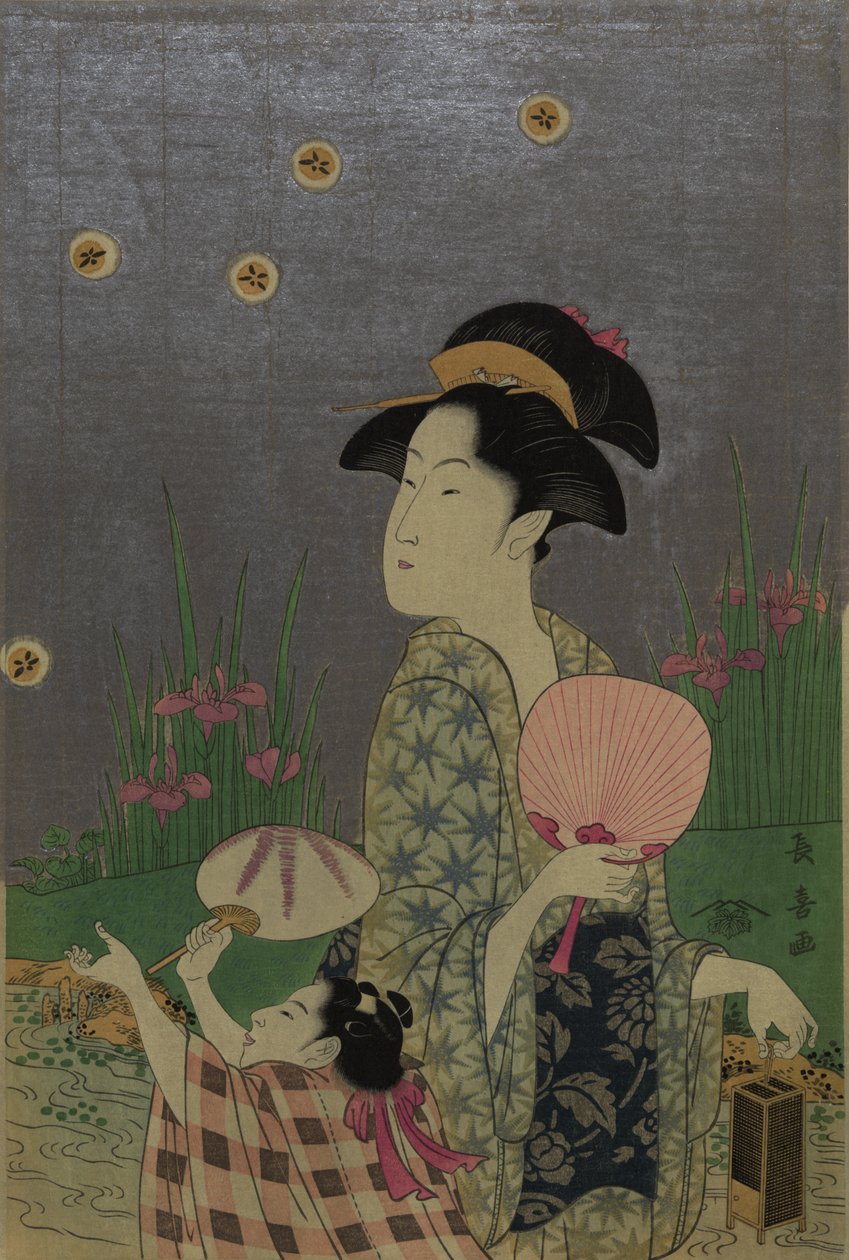 Ildfluer, 1793 (farvet træsnit) af Choki Eishusai