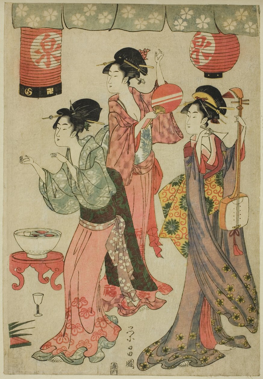 Fest i et tehus fra en parodi på Chushingura af Chokosai Eisho
