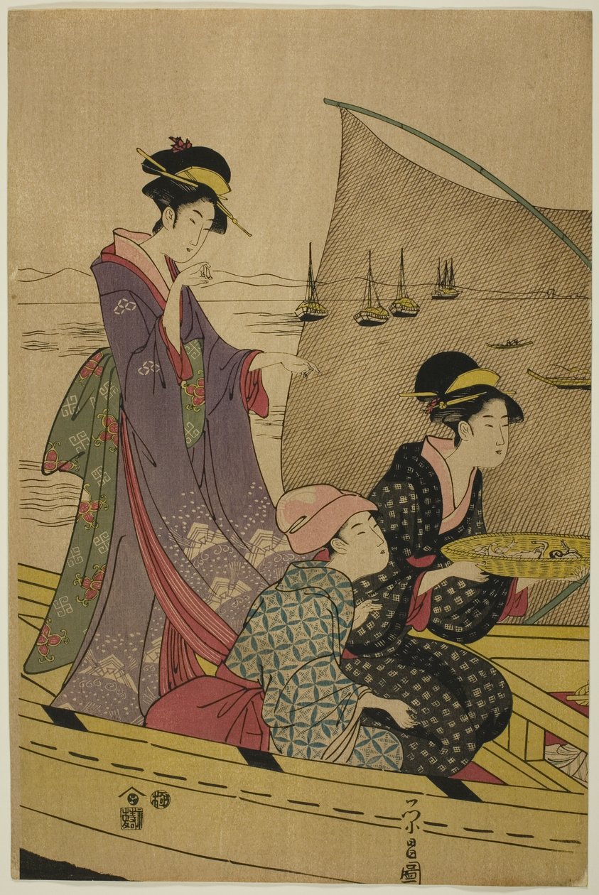 Kvinder på en fiskerbåd af Chokosai Eisho