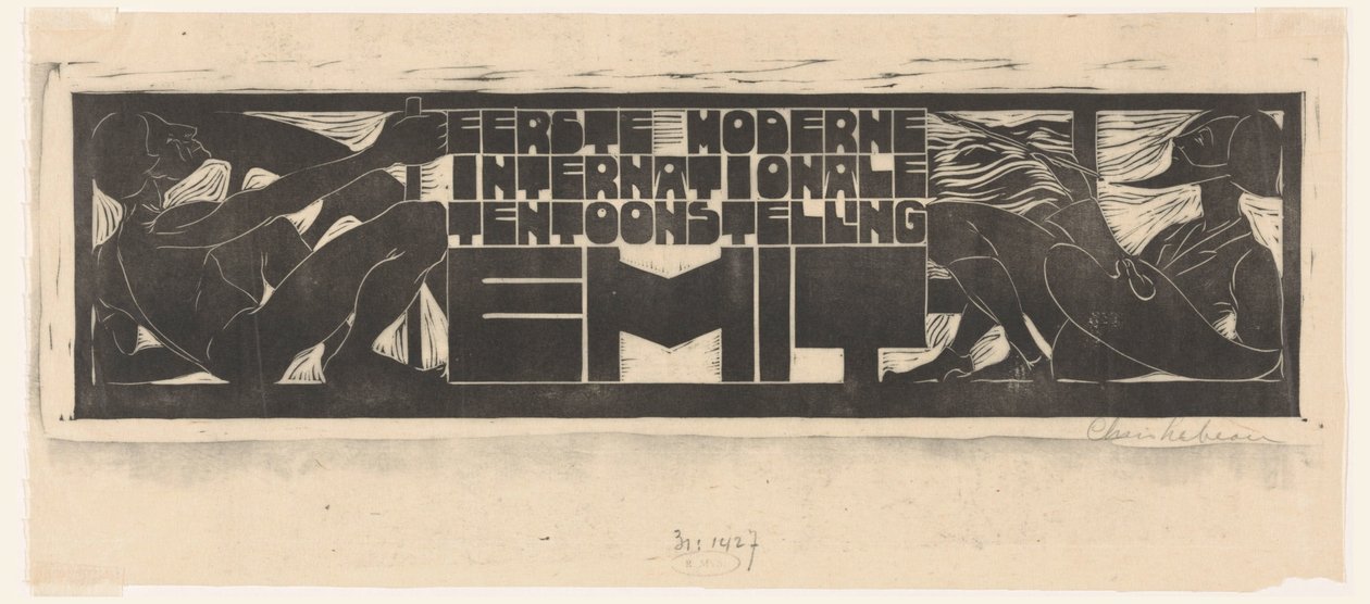 Annoncering eller titelleder for First Modern International Exhibition (EMIT) i Scheveningen Første moderne internationale udstilling EMIT (titel på objekt) af Chris Lebeau (signed by artist)