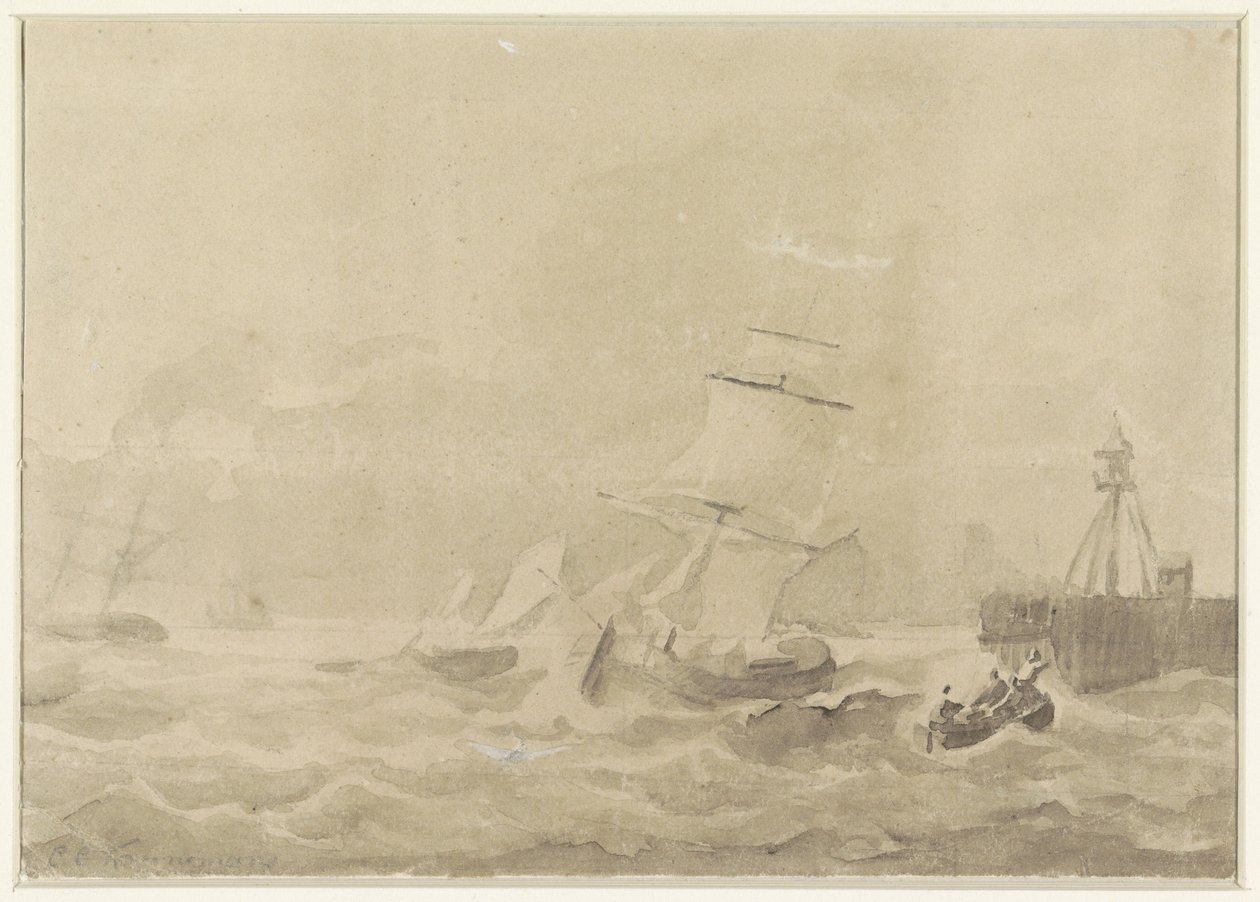 Turbulent hav med sejlskibe af Christiaan Cornelis Kannemans