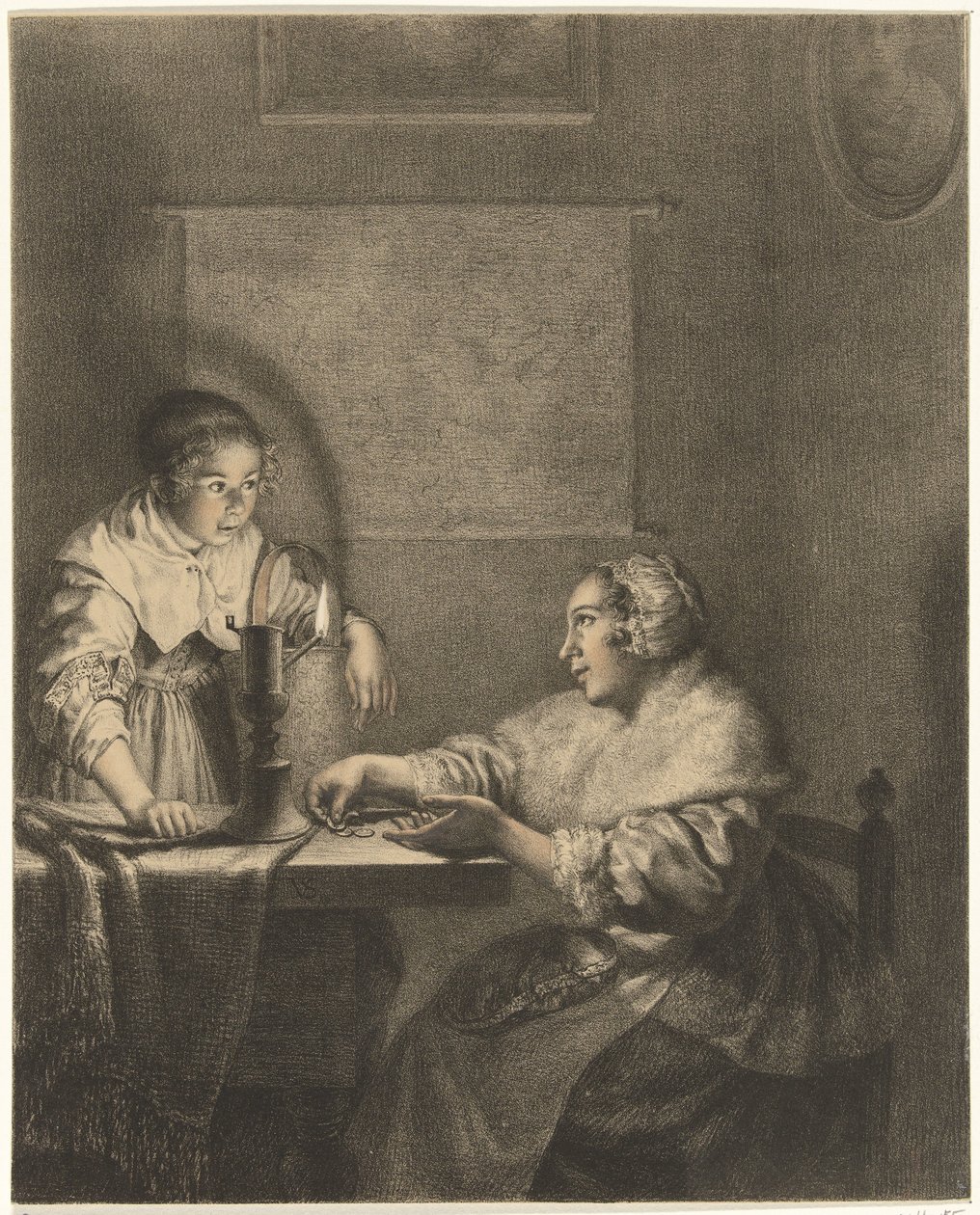 Interiør med dame og stuepige ved levende lys af Christiaan Josi
