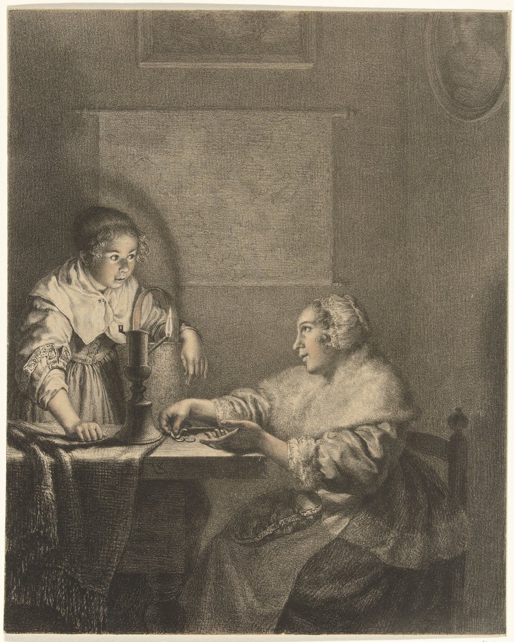 Interiør med dame og stuepige ved levende lys af Christiaan Josi