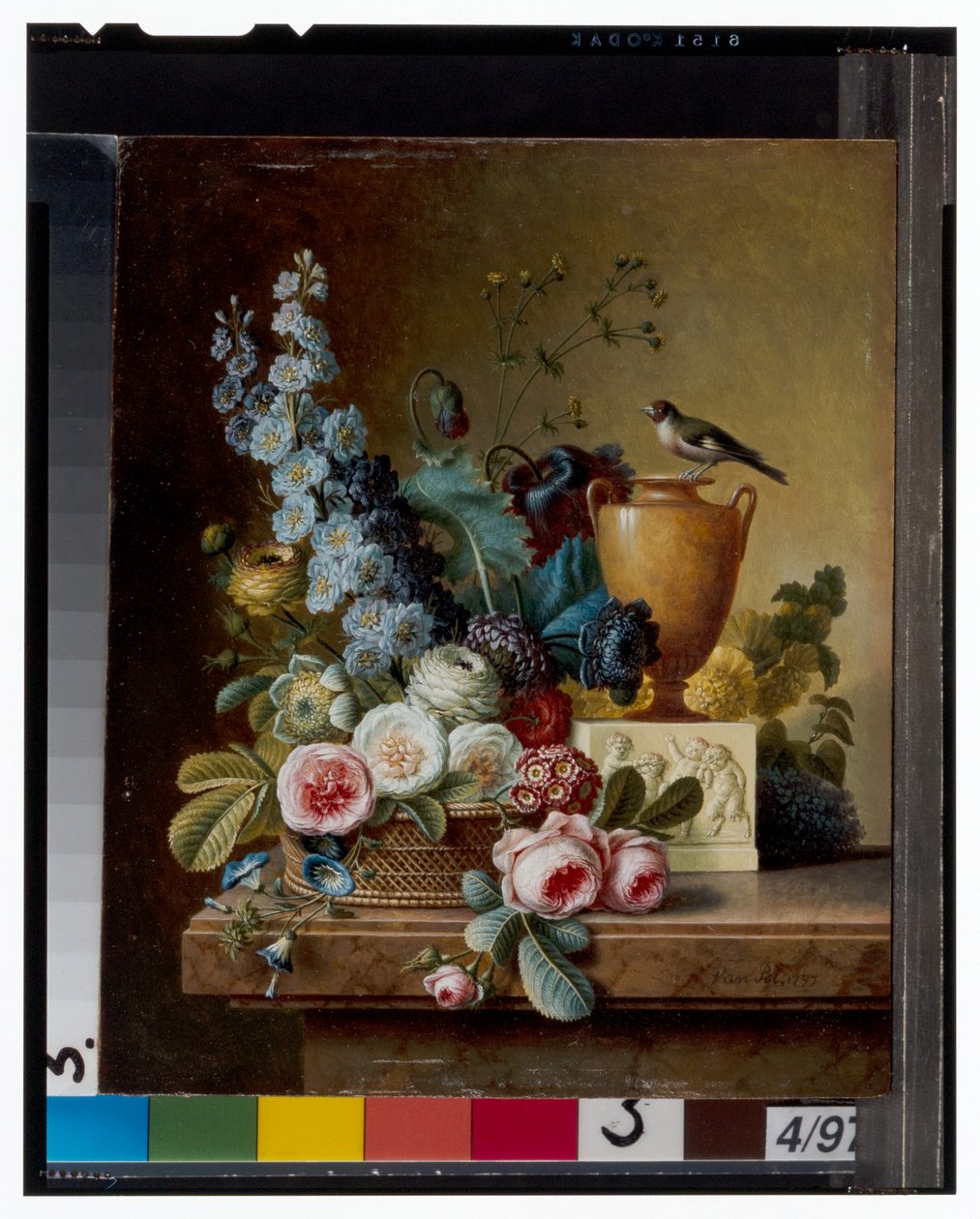 En vase med blomster på en marmorafsats & en kurv med blomster med en guldfink af Christiaan van Pol