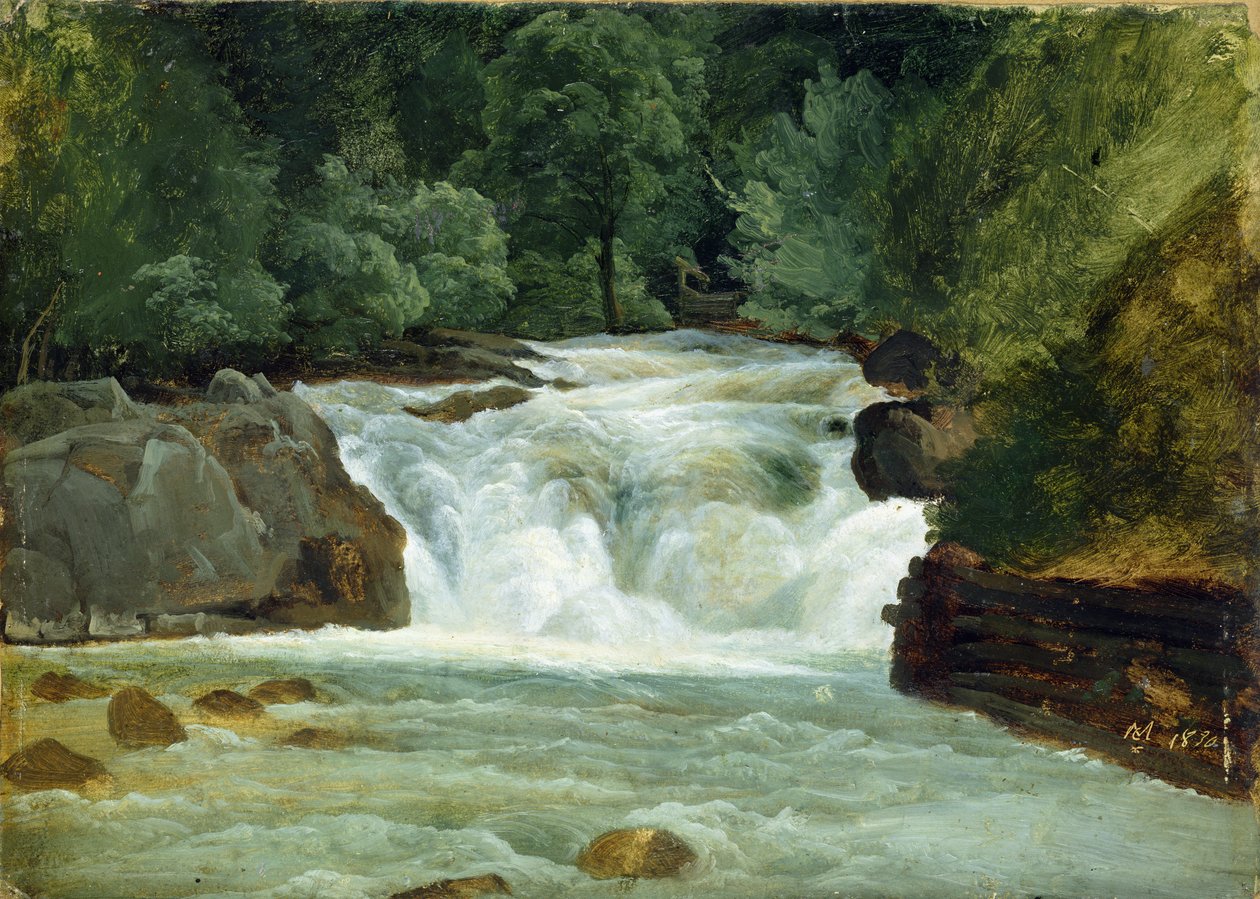 Et vandfald i Oberbayern, 1830 (olie på papir om bord) af Christian Ernst Bernhard Morgenstern
