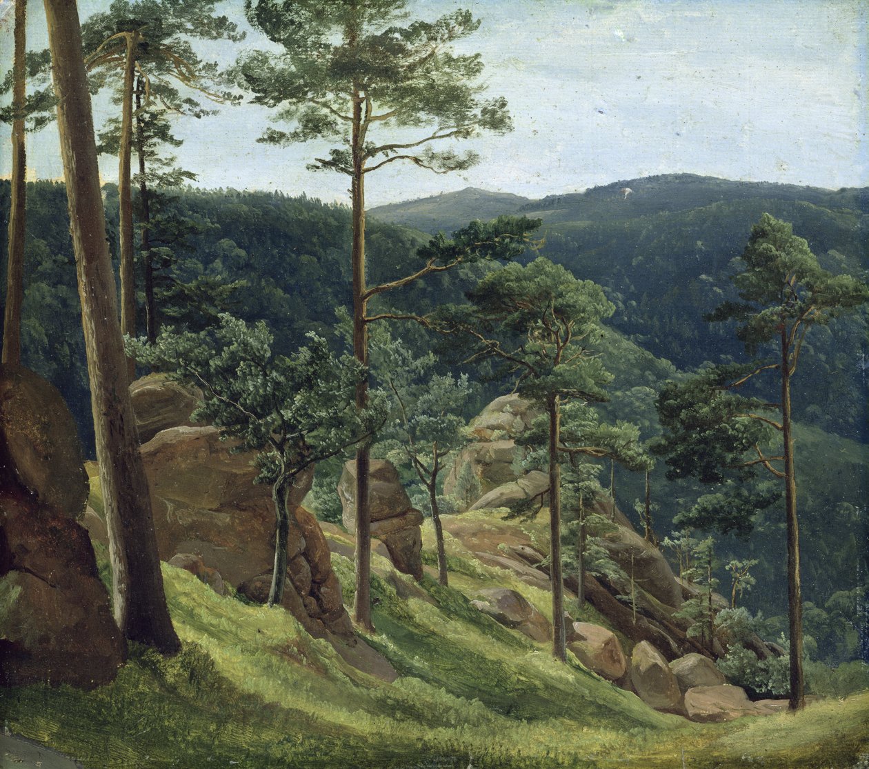 Udsigt over Mount Brocken, 1829 (olie på papir om bord) af Christian Ernst Bernhard Morgenstern