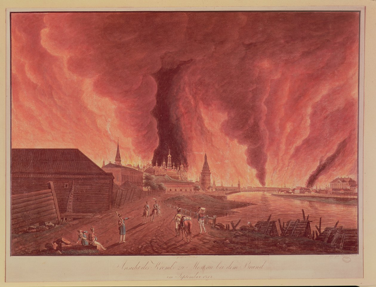 Udsigt over Kreml under branden i Moskva i september 1812, graveret af Schmidt af Christian Johann Oldendorp