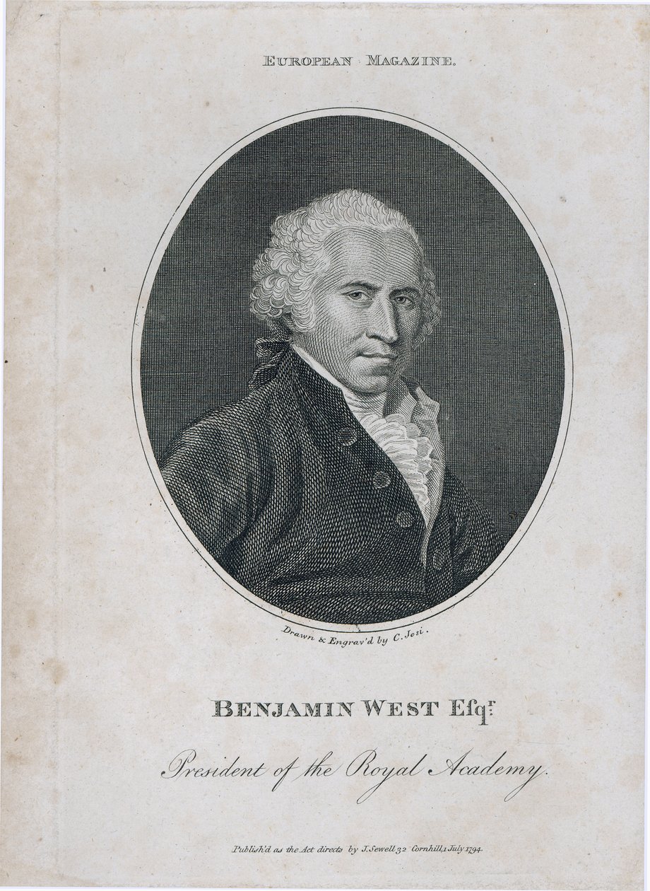 Portræt af Benjamin West (1738-1820), præsident for Royal Academy, indgraveret af kunstneren, 1794 af Christian Josi
