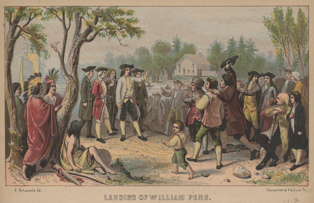 Landing of William Penn, litho af P.S. Duval, 1852 (chromolitho) af Christian Schuessele